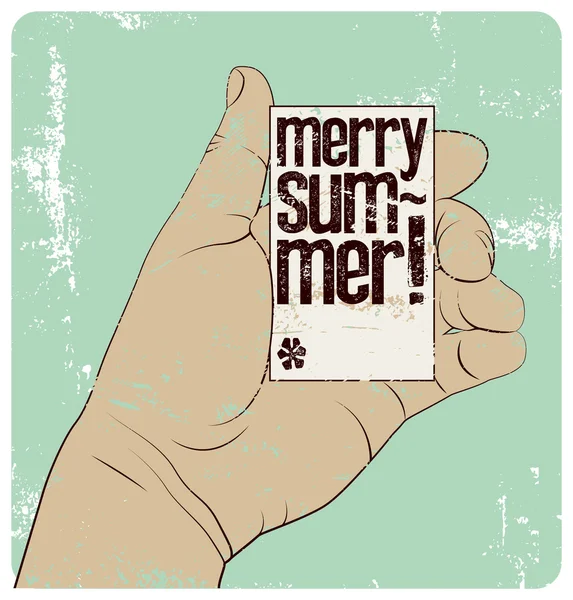 Feliz Verão! Summer Time tipográfico estilo vintage grunge cartaz. A mão tem um cartão de visita. Ilustração vetorial retrô . — Vetor de Stock