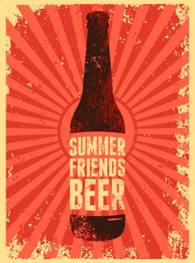 Yaz, arkadaş, bira. Tipografik vintage grunge bira posteri. Retro vektör çizim.