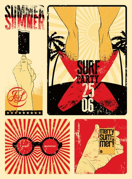 Design de cartaz retro de grunge de festa de verão tipográfico. Ilustração vetorial . — Vetor de Stock