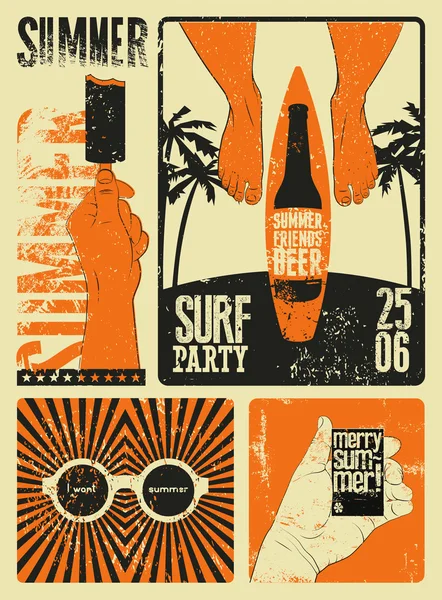 Tipografik yaz partisi grunge retro afiş tasarımı. Vektör çizim. — Stok Vektör