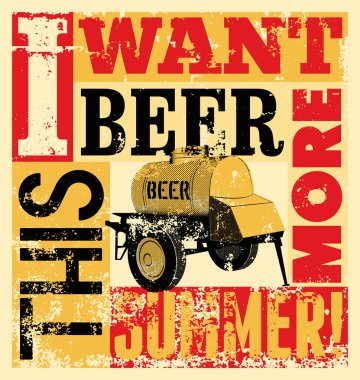 Bira ifade tipografik vintage grunge poster bir demir varil bira gezici ile. Retro vektör çizim.