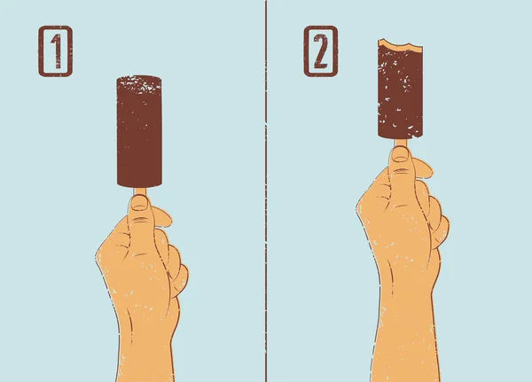 Estilo grunge helado vintage instrucción cartel divertido. La mano sostiene el helado. Ilustración de vectores retro . — Vector de stock
