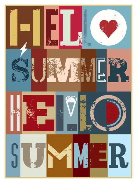 Halo Summer! Desain poster tipografi Grunge Retro musim panas. Ilustrasi vektor . - Stok Vektor