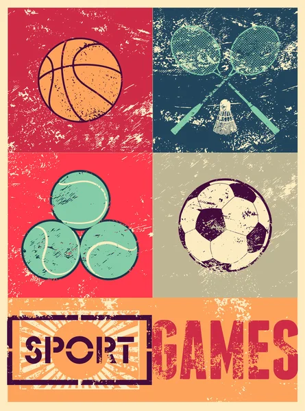 Juegos deportivos. Cartel tipográfico retro grunge. Baloncesto, bádminton, fútbol, tenis. Ilustración vectorial . — Archivo Imágenes Vectoriales