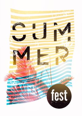Yaz açık hava festivali tipografik grunge vintage poster tasarımı palmiye yapraklarıyla. Retro vektör illüstrasyonu.