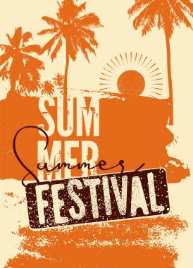 Yaz Festivali tipografik grunge vintage poster tasarımı. Retro vektör illüstrasyonu.