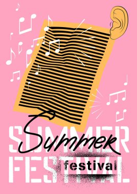 Kulakları ve notaları olan bir yaz festivali poster tasarımı. Vektör illüstrasyonu.