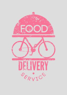 Bisikletli yemek teslimatı konsepti tipografik vintage grunge poster tasarımı. Retro vektör illüstrasyonu.