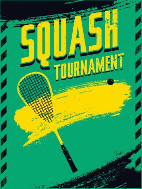 Squash turnuvası tipografik klasik grunge tarzı poster. Retro vektör illüstrasyonu.
