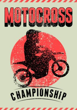 Motokros Şampiyonası tipografik klasik grunge tarzı poster. Motosikletli bir motokros binicisinin silueti. Retro vektör illüstrasyonu.