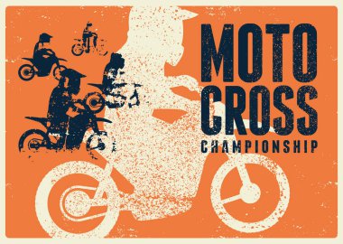 Motokros Şampiyonası tipografik klasik grunge tarzı poster. Motosikletli bir motokros binicisinin silueti. Retro vektör illüstrasyonu.
