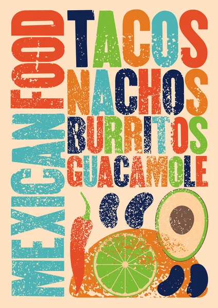 Meksykańskie Jedzenie Typograficzne Vintage Styl Grunge Plakat Projekt Ilustracja Wektora — Wektor stockowy