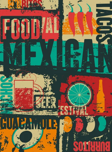 Comida Mexicana Estilo Vintage Tipográfico Design Cartaz Grunge Ilustração Vetorial — Vetor de Stock