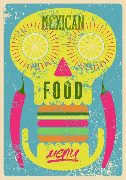 Meksykańskie Jedzenie Typograficzne Vintage Styl Grunge Plakat Projekt Czaszki Chili — Wektor stockowy