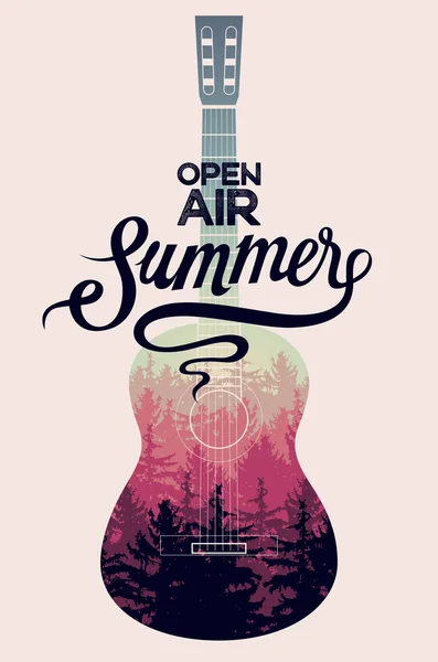 Summer Music Open Air Festival Poster Coniferous Landscape Guitar Retro — Stock Vector