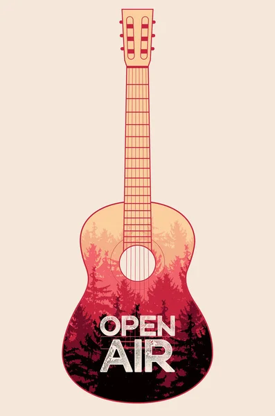 ギターの中に針葉樹の風景と夏の音楽オープンエアの祭りのポスター レトロベクトルイラスト — ストックベクタ