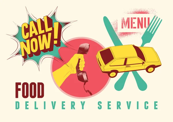 Food Delivery Service Concept Typographical Vintage Poster Design Phone Handset — Stock Vector