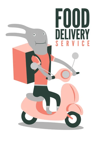 Funny Cartoon Rabbit Big Bag Delivering Food Scooter Food Delivey — Stock Vector
