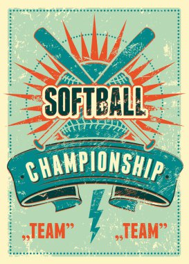 Softball Şampiyonası tipografik klasik grunge tarzı poster. Retro vektör illüstrasyonu.