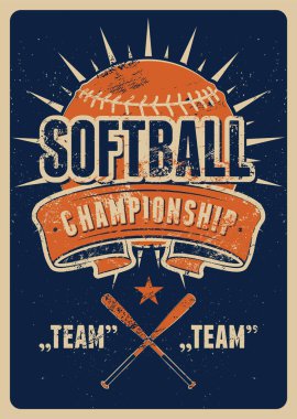 Softball Şampiyonası tipografik klasik grunge tarzı poster. Retro vektör illüstrasyonu.