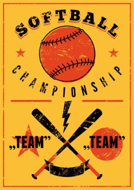 Softball Şampiyonası tipografik klasik grunge tarzı poster. Retro vektör illüstrasyonu.