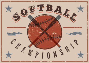 Softball Şampiyonası tipografik klasik grunge tarzı poster. Retro vektör illüstrasyonu.