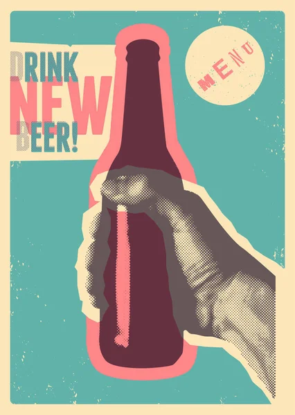 Pij Nové Pivo Typografický Vinobraní Grunge Styl Pivní Plakát Ruka — Stockový vektor