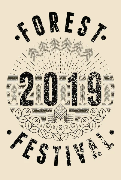 Forest Festival 2019 Lineair Geometrische Patroon Typografische Vintage Grunge Stijl — Stockvector