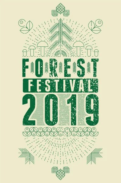 Festival Floresta 2019 Padrão Geométrico Linear Tipográfico Vintage Grunge Estilo — Vetor de Stock