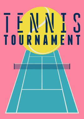 Tenis Turnuvası tarzı, top ve kortlu poster tasarımı. Retro vektör illüstrasyonu.