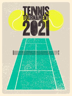 Tenis Turnuvası 2021 yazı tipi grunge tarzı poster tasarımı. Retro vektör illüstrasyonu.