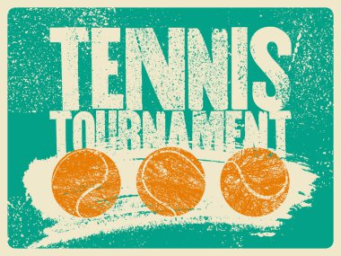 Tenis Turnuvası tipografik klasik grunge tarzı poster tasarımı. Retro vektör illüstrasyonu.