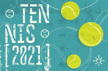 Tenis 2021 yazı tipi grunge tarzı poster tasarımı. Retro vektör illüstrasyonu.