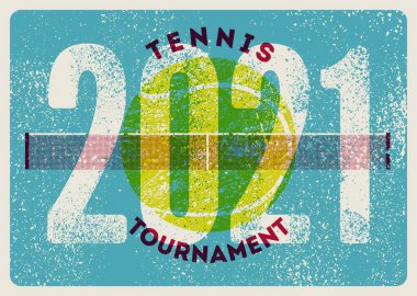 Tenis Turnuvası 2021 yazı tipi grunge tarzı poster tasarımı. Retro vektör illüstrasyonu.