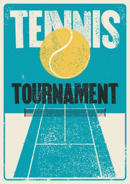Tenis Turnuvası tipografik klasik grunge tarzı poster tasarımı. Retro vektör illüstrasyonu.