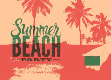 Summer Beach Party tipografik grunge klasik poster tasarımı. Retro vektör illüstrasyonu.
