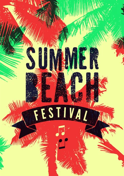 Summer Beach Festival Tipográfico Grunge Design Cartaz Vintage Com Palmeiras — Vetor de Stock