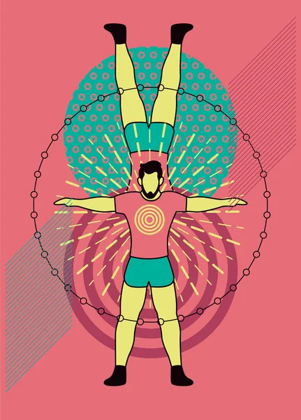 人間の調和 人間のエネルギーパワー楽観的な概念 男性とフィットネススポーツフラットスタイルのポスターデザイン 抽象幾何学的パターン背景 ベクターイラスト — ストックベクタ