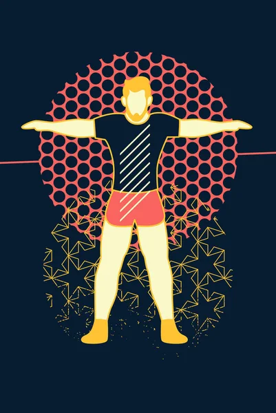 フラットスタイルの男とフィットネススポーツタイポグラフィヴィンテージグランジポスターデザイン 抽象幾何学的パターングランジの背景 レトロベクトルイラスト — ストックベクタ