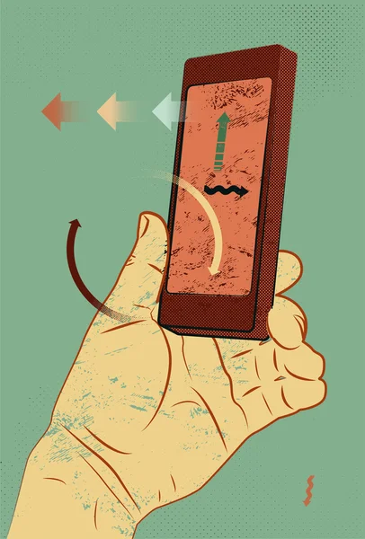 Ilustracja wektorowa w stylu retro z ręki trzymającej inteligentny telefon, dotykając ekranu. — Wektor stockowy