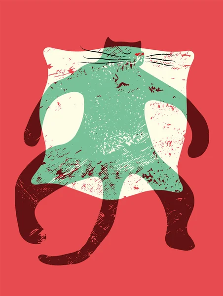 Cartoon retro rolig katt på kudden. Vektor grunge illustration. — Stock vektor