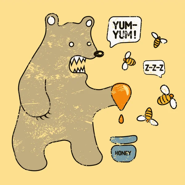 Мультфильм ретро смешной медведь с медом и пчелами. Векторная гранжевая иллюстрация . — стоковый вектор