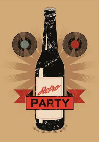老式的 grunge 风格海报用啤酒瓶的复古派对。矢量图. — 图库矢量图片