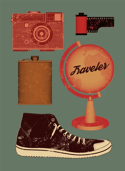 Vector grunge set di cose retrò per il viaggiatore . — Vettoriale Stock