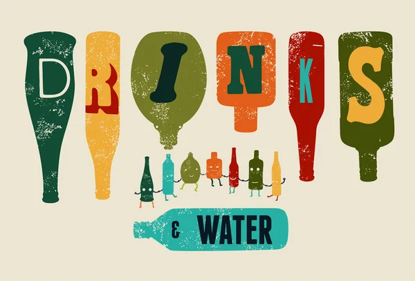 Affiche de grunge rétro "Boissons et eau". Collection de bouteilles drôles. Illustration vectorielle . — Image vectorielle