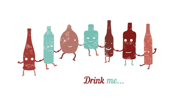 Retro poster "Drink me..." Verzameling van grappige flessen. — Stockvector