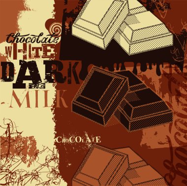 Vintage çikolata afiş tasarımı. Üç çeşit çikolata: beyaz, koyu ve süt. Vektör çizim