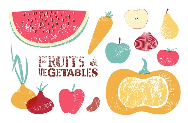 Colección de frutas y verduras retro. Ilustración vectorial . — Archivo Imágenes Vectoriales