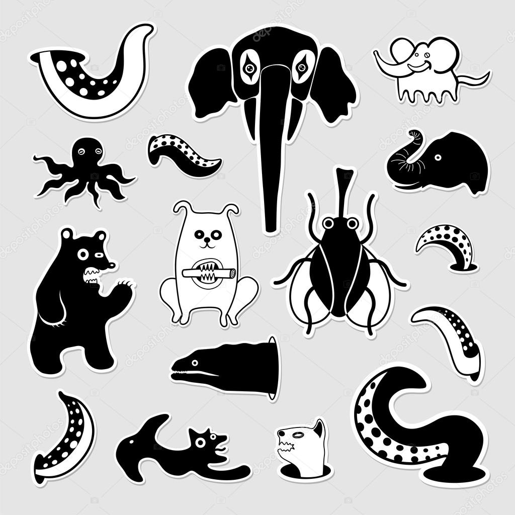 Crazy bizarre animal characters. Vector set of black and white stickers.  Stock Vector Image by © #69338791