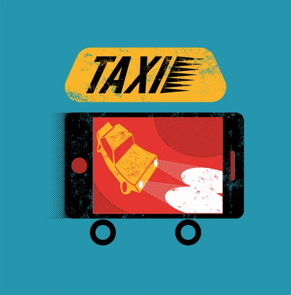 タクシー。スマート フォンでレトロなグランジのポスター。予約タクシーの携帯アプリ。ベクトル図. — ストックベクタ